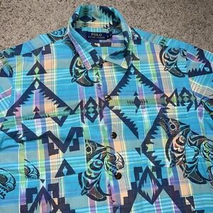 Polo Ralph Lauren Shirt Men L  Blue Plaid Southwest Fish Print Button Front
